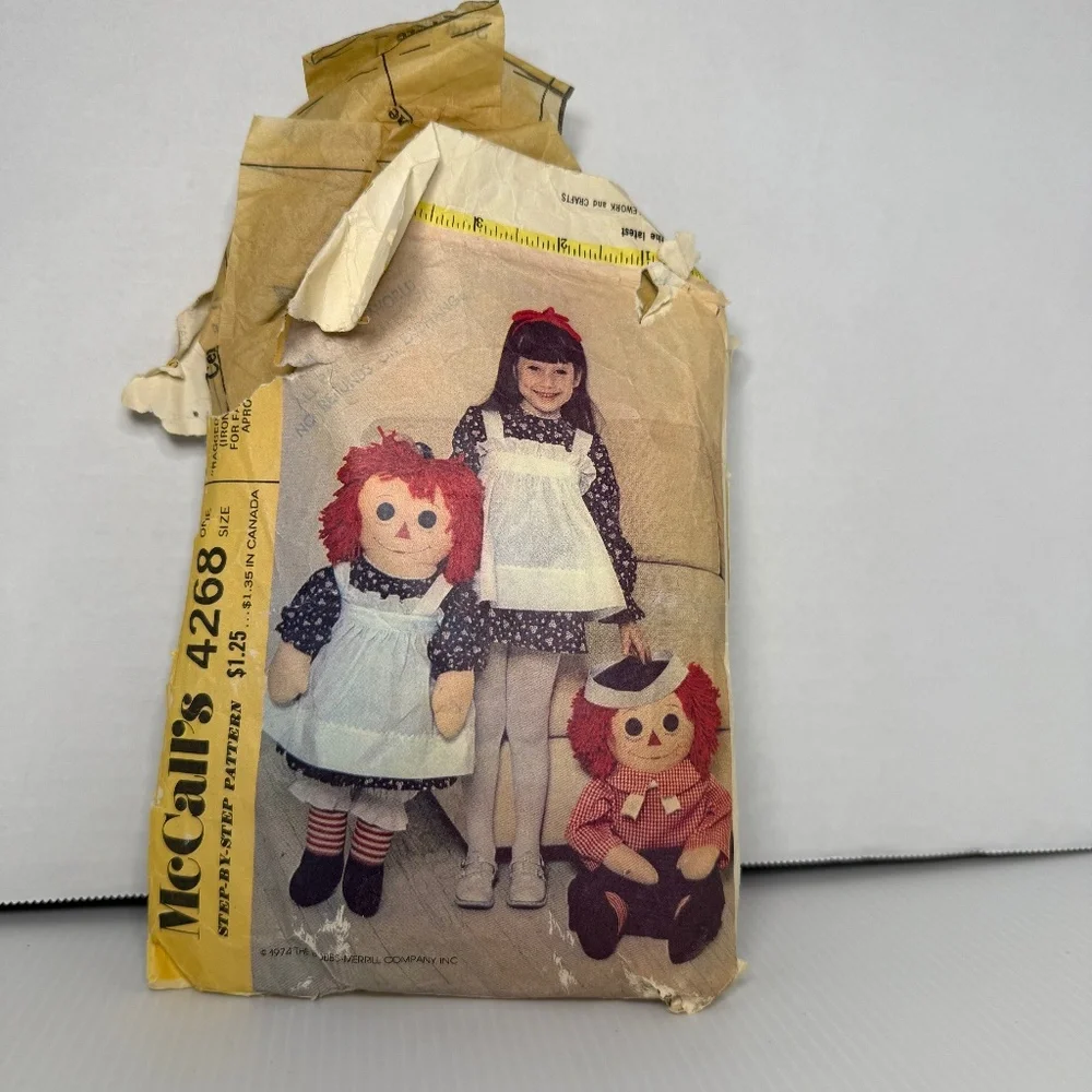 Vintage 1970s McCalls 4268 Raggedy Ann Andy Dolls 36 Inches Doll Pattern USED